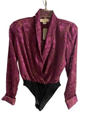 Cache Vintage NWT Purple Silk Floral Jacquard Bodysuit Wrap Top Medium 80s 90s